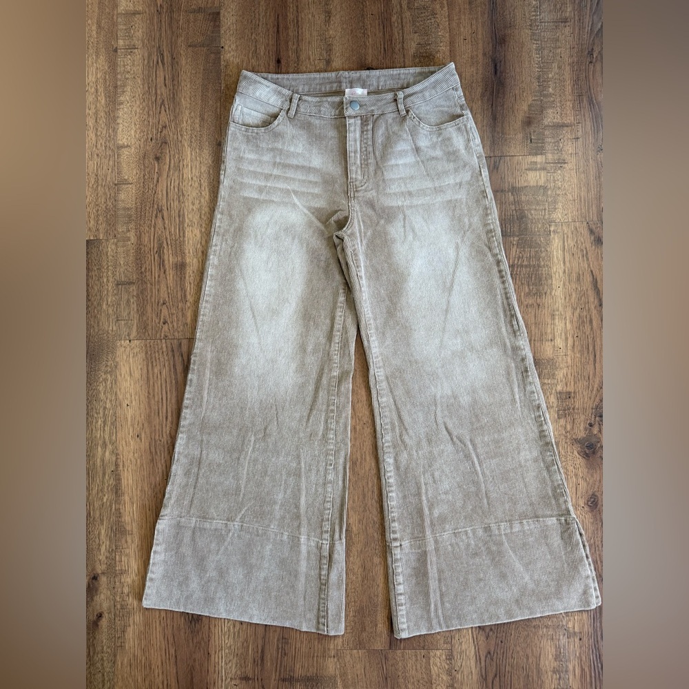 SO ME Women’s Beige Corduroy Wide-Leg Pants High Rise Pockets Button Zip L - Picture 2 of 10